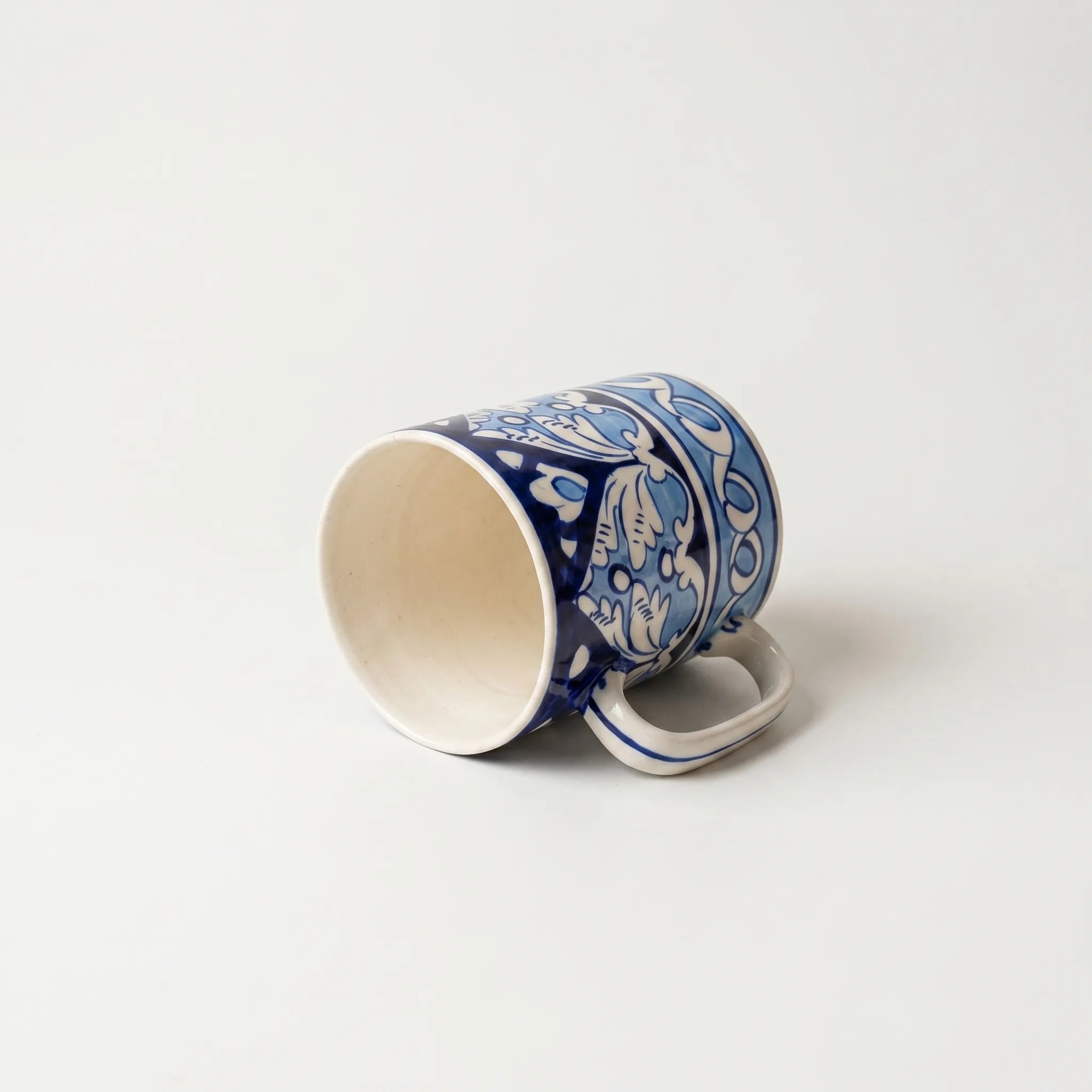 Blue Pottery Ceramic Mug – 4” Straight Mug with Floral Border Design