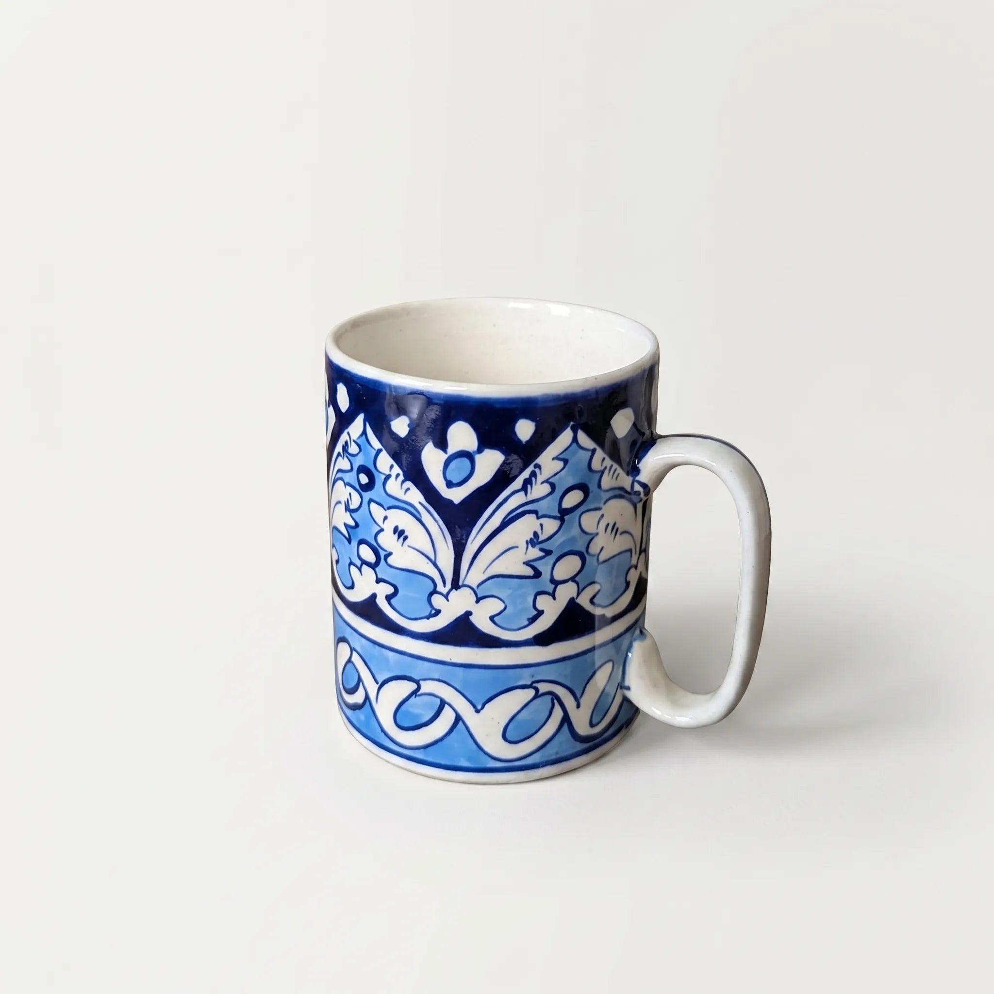 Blue Pottery Ceramic Mug – 4” Straight Mug with Floral Border Design