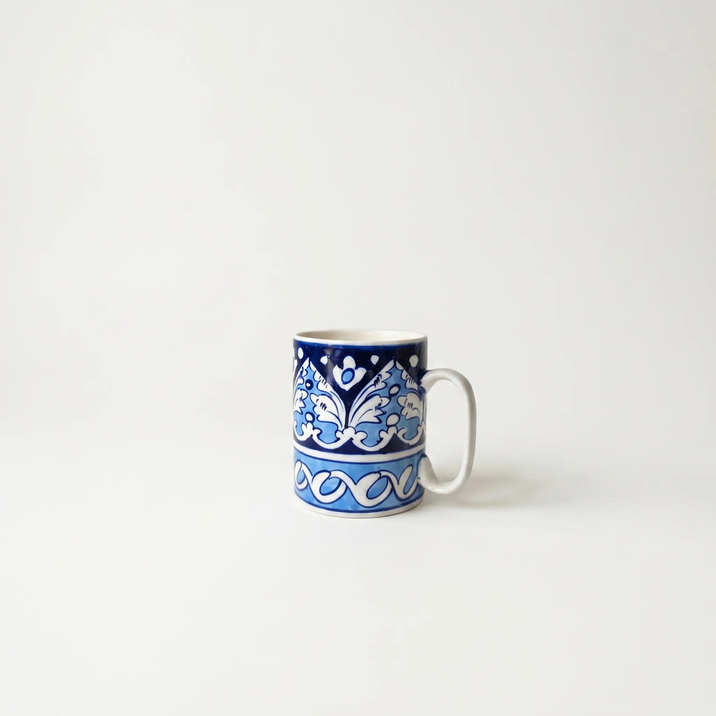 Blue Pottery Ceramic Mug – 4” Straight Mug with Floral Border Design