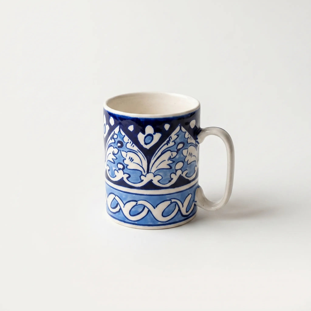 Blue Pottery Ceramic Mug – 4” Straight Mug with Floral Border Design