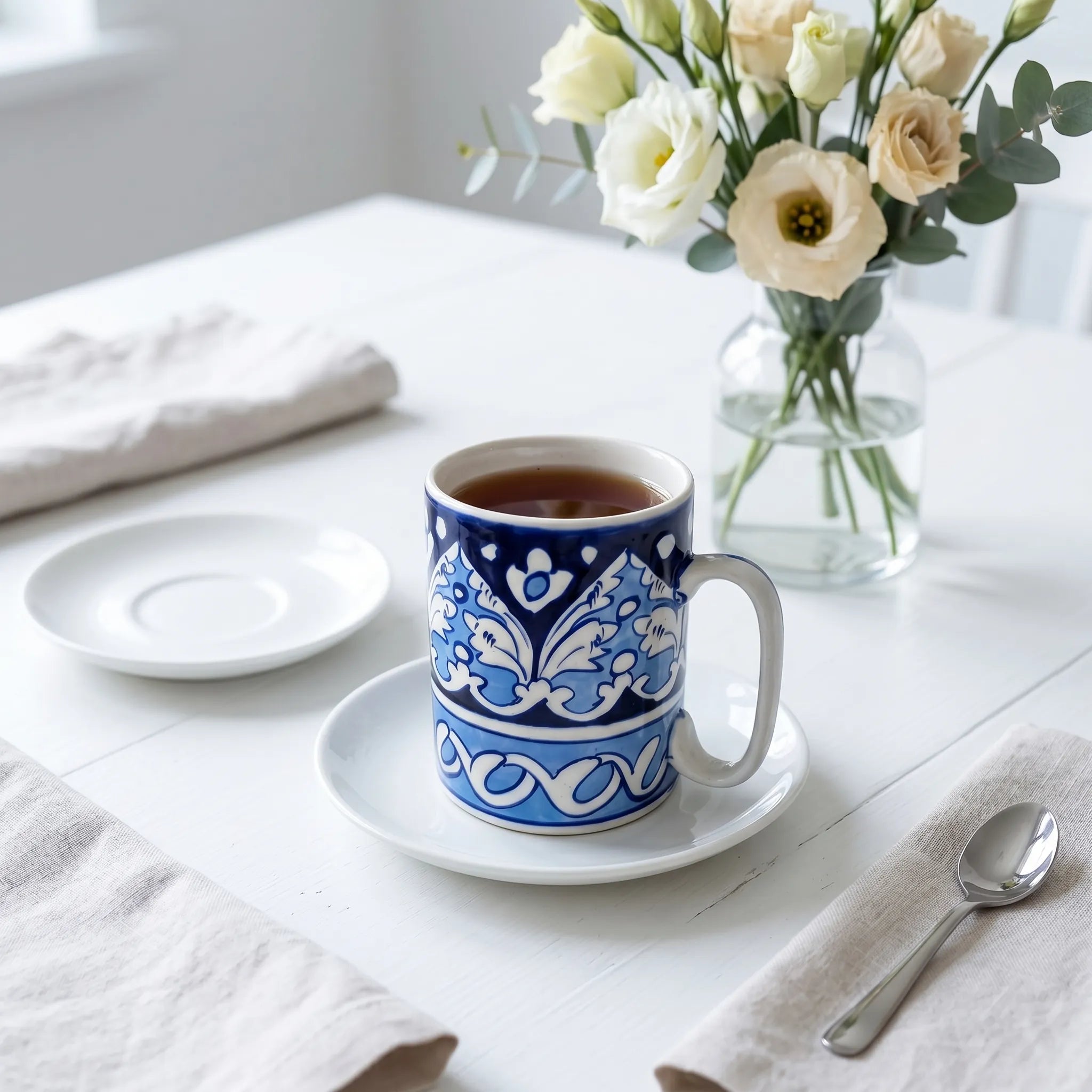 Blue Pottery Ceramic Mug – 4” Straight Mug with Floral Border Design
