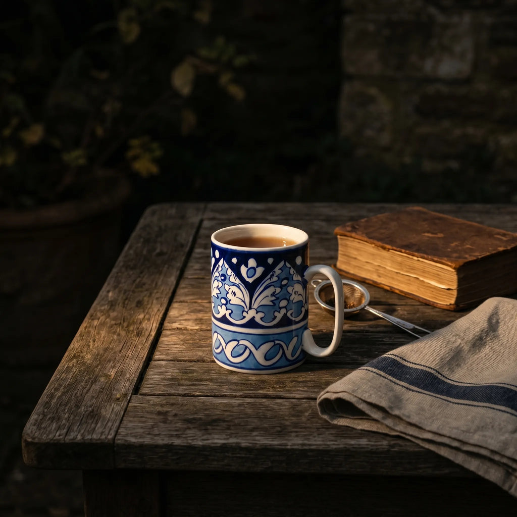 Blue Pottery Ceramic Mug – 4” Straight Mug with Floral Border Design