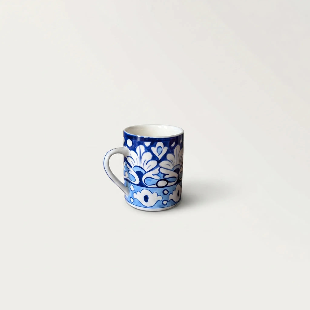 Blue Pottery Ceramic Mug – 4” Straight Mug with Bold Floral Band Design