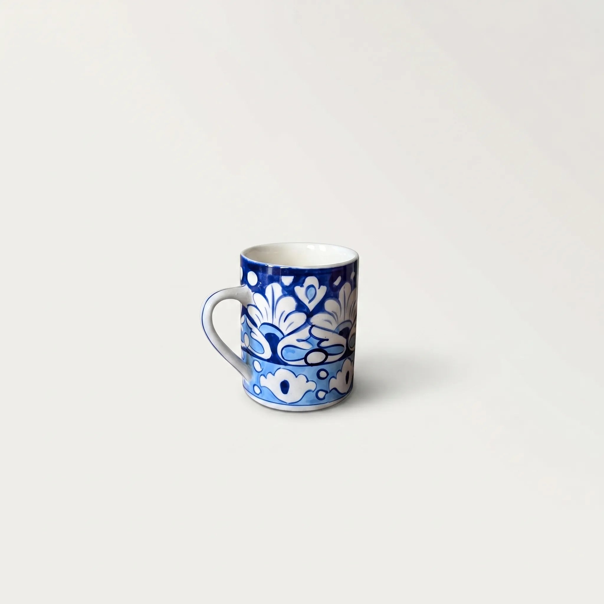 Blue Pottery Ceramic Mug – 4” Straight Mug with Bold Floral Band Design