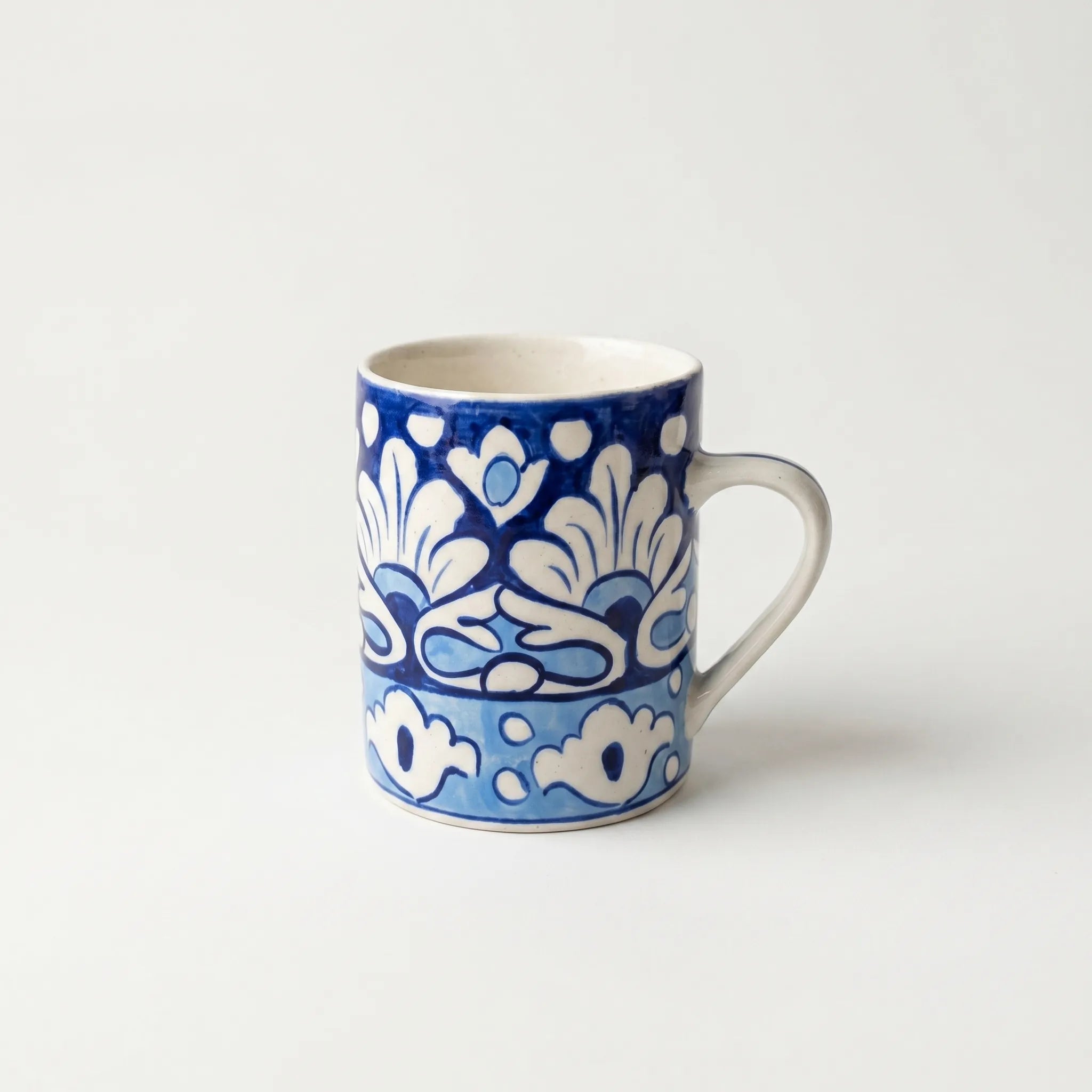 Blue Pottery Ceramic Mug – 4” Straight Mug with Bold Floral Band Design