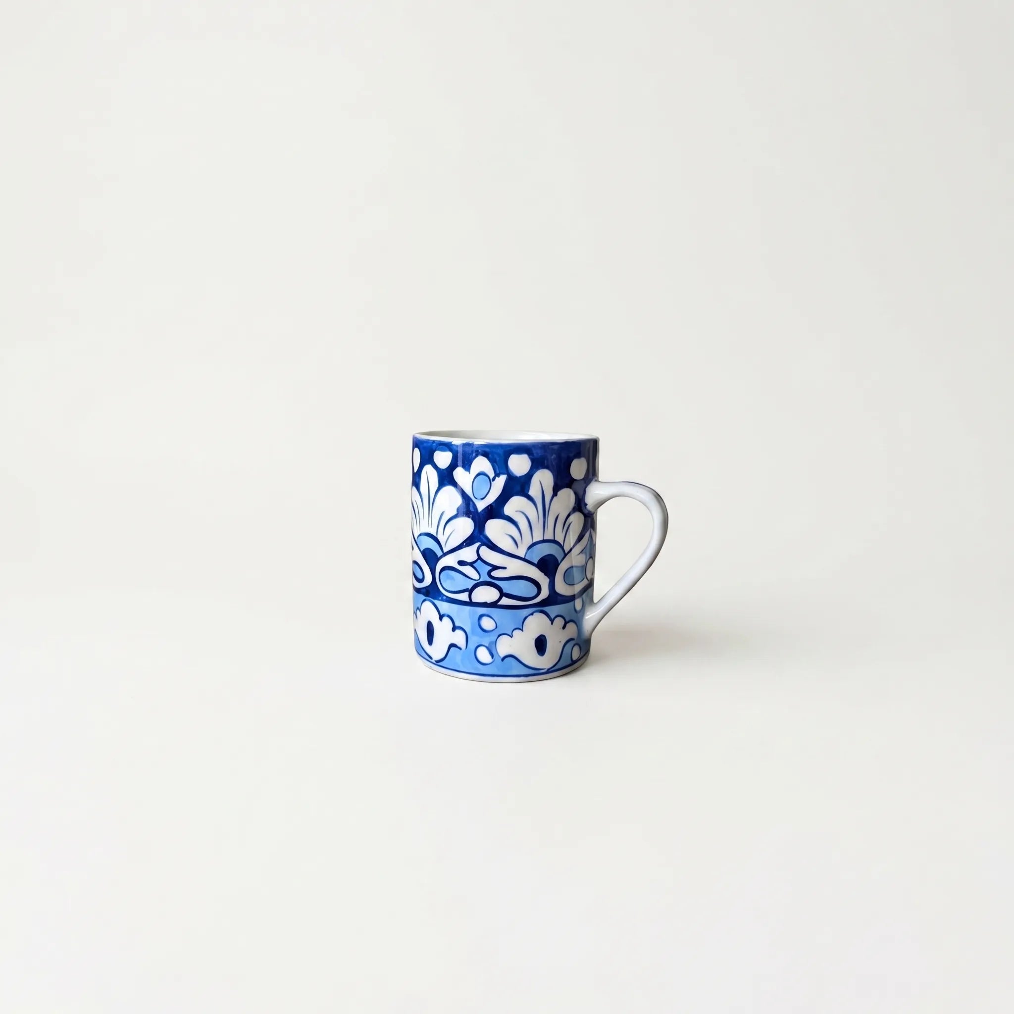 Blue Pottery Ceramic Mug – 4” Straight Mug with Bold Floral Band Design