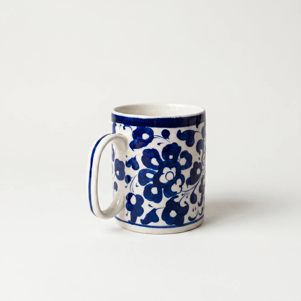 Blue Pottery Ceramic Mug – 4” Straight Mug with Full Floral Vine Design