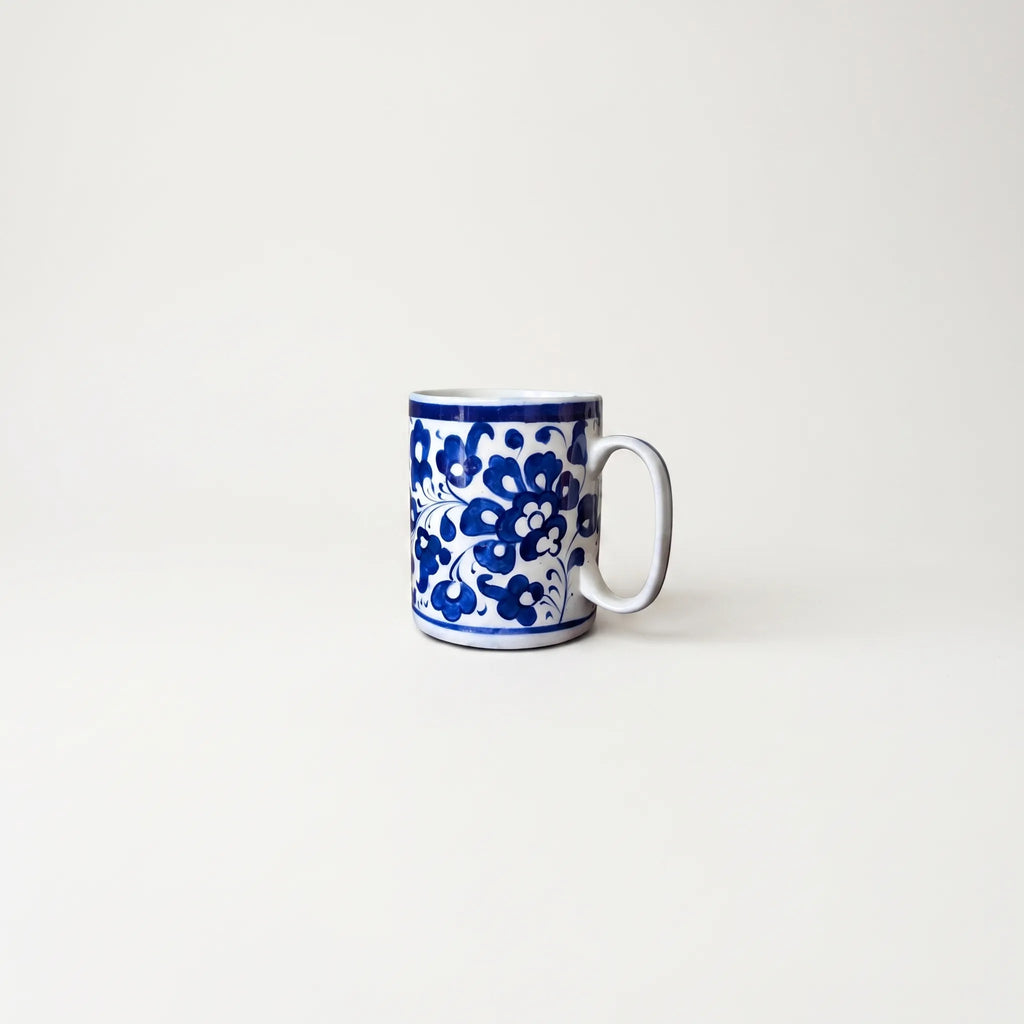 Blue Pottery Ceramic Mug – 4” Straight Mug with Full Floral Vine Design