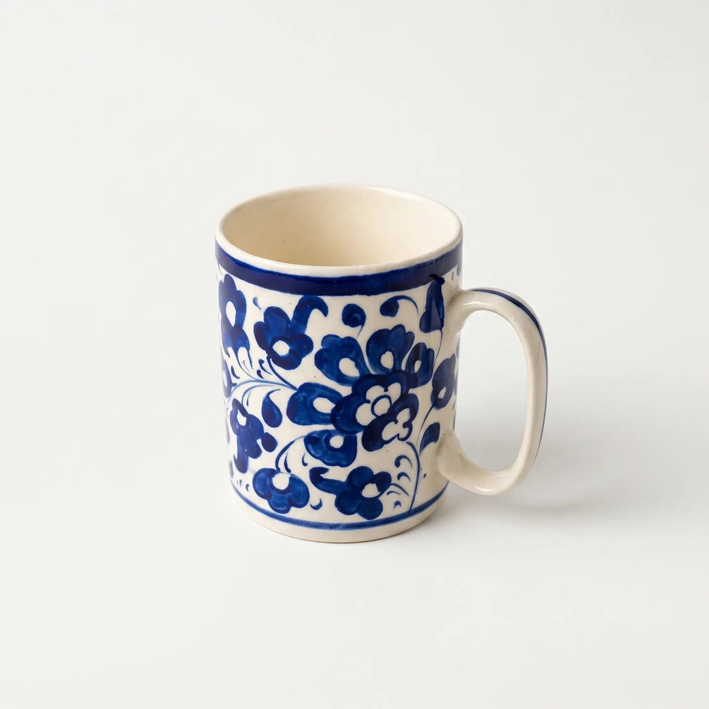 Blue Pottery Ceramic Mug – 4” Straight Mug with Full Floral Vine Design