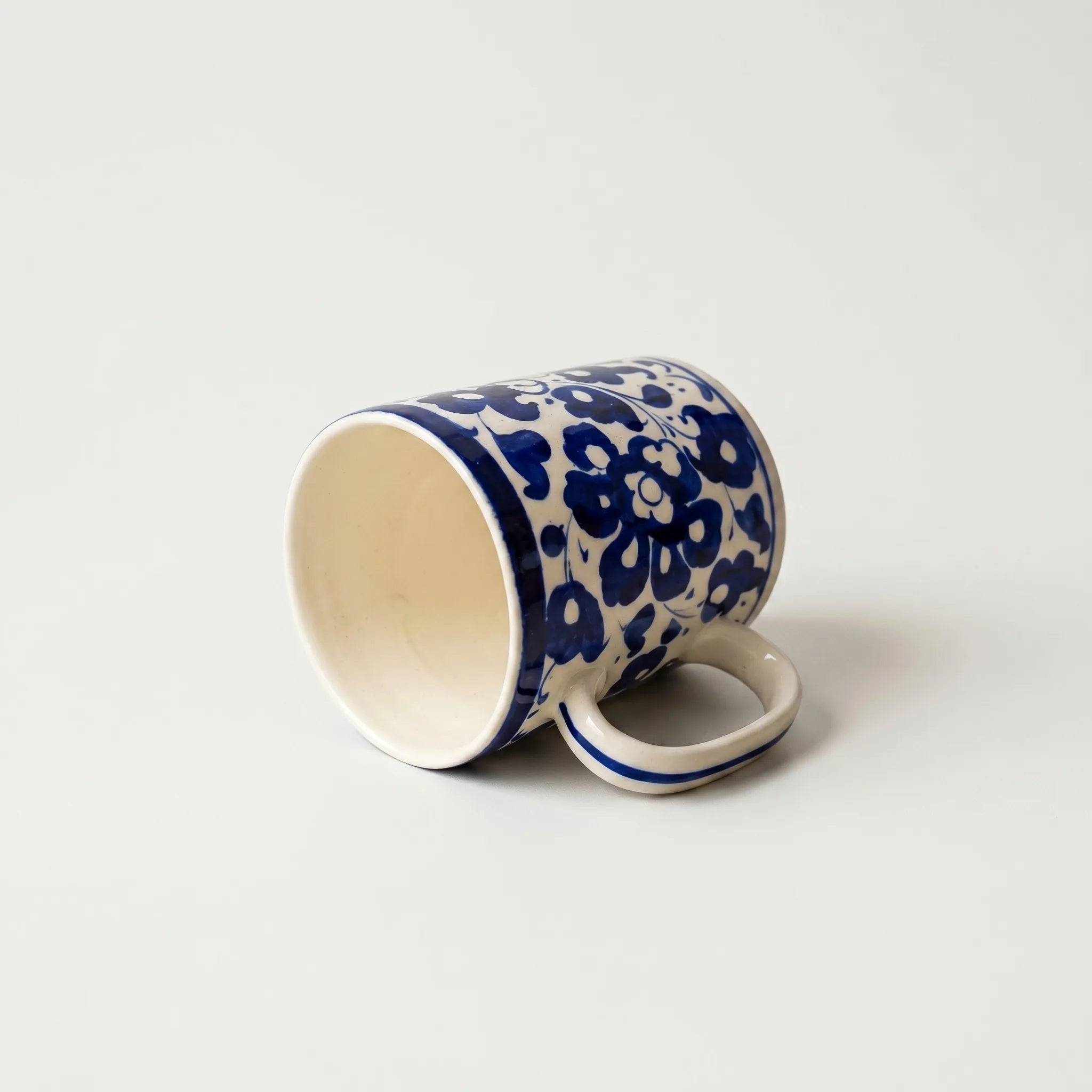 Blue Pottery Ceramic Mug – 4” Straight Mug with Full Floral Vine Design