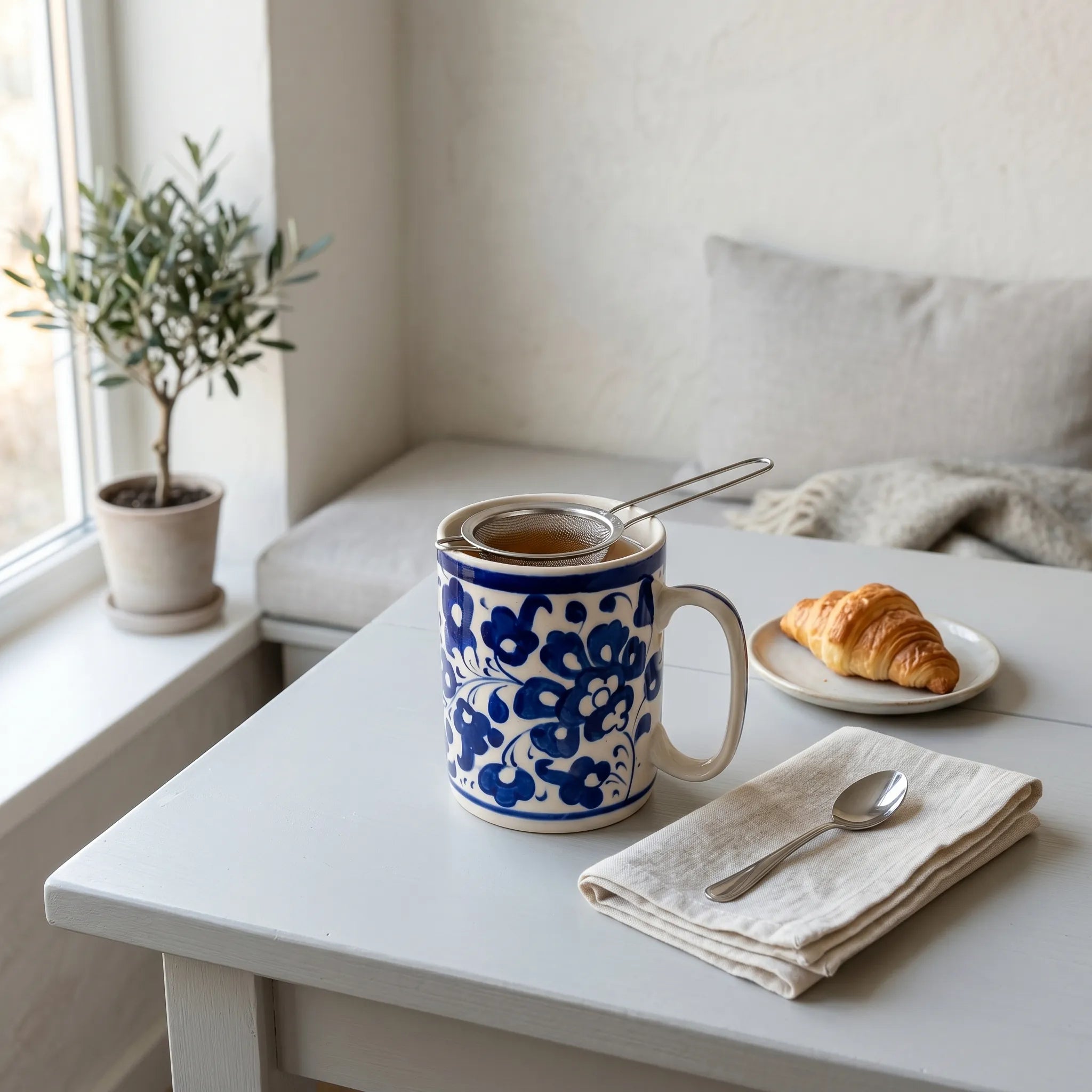 Blue Pottery Ceramic Mug – 4” Straight Mug with Full Floral Vine Design