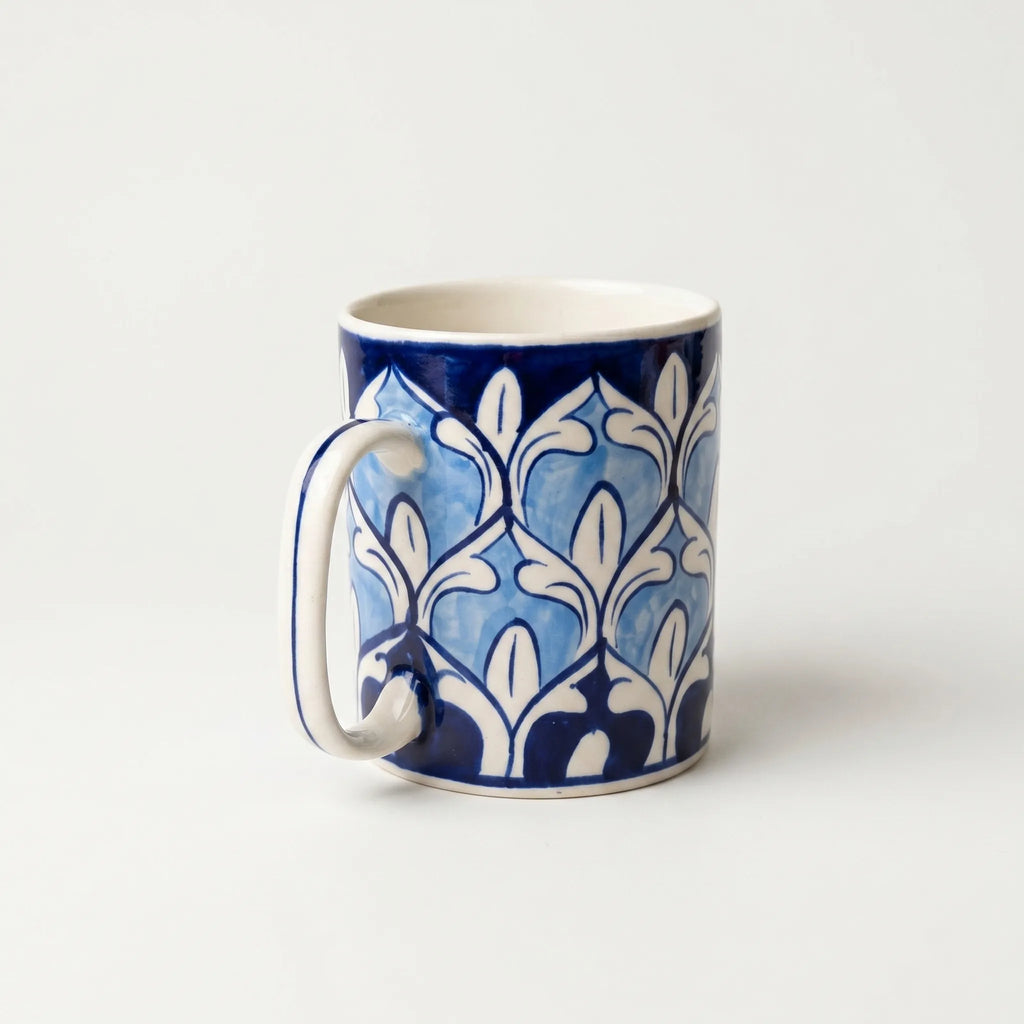 Blue Pottery Ceramic Mug – 4” Straight Mug with Repeating Arch Floral Design