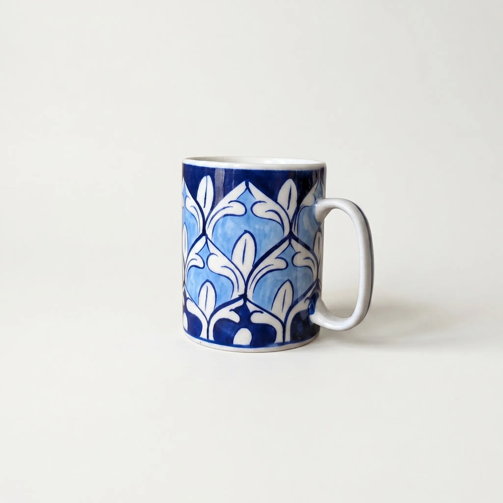 Blue Pottery Ceramic Mug – 4” Straight Mug with Repeating Arch Floral Design
