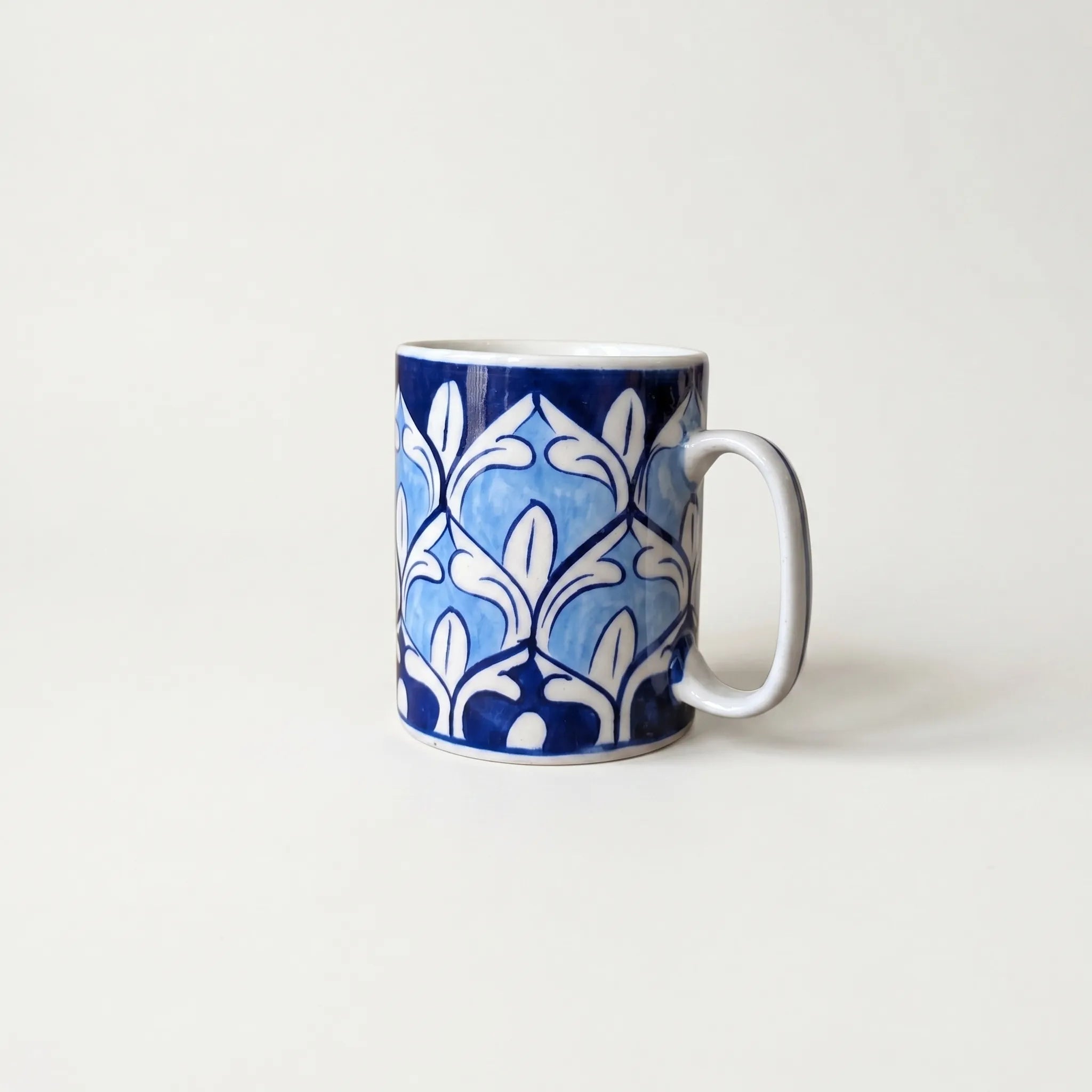 Blue Pottery Ceramic Mug – 4” Straight Mug with Repeating Arch Floral Design