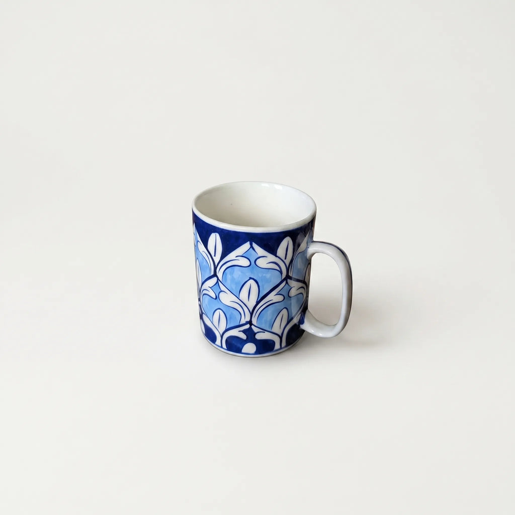Blue Pottery Ceramic Mug – 4” Straight Mug with Repeating Arch Floral Design