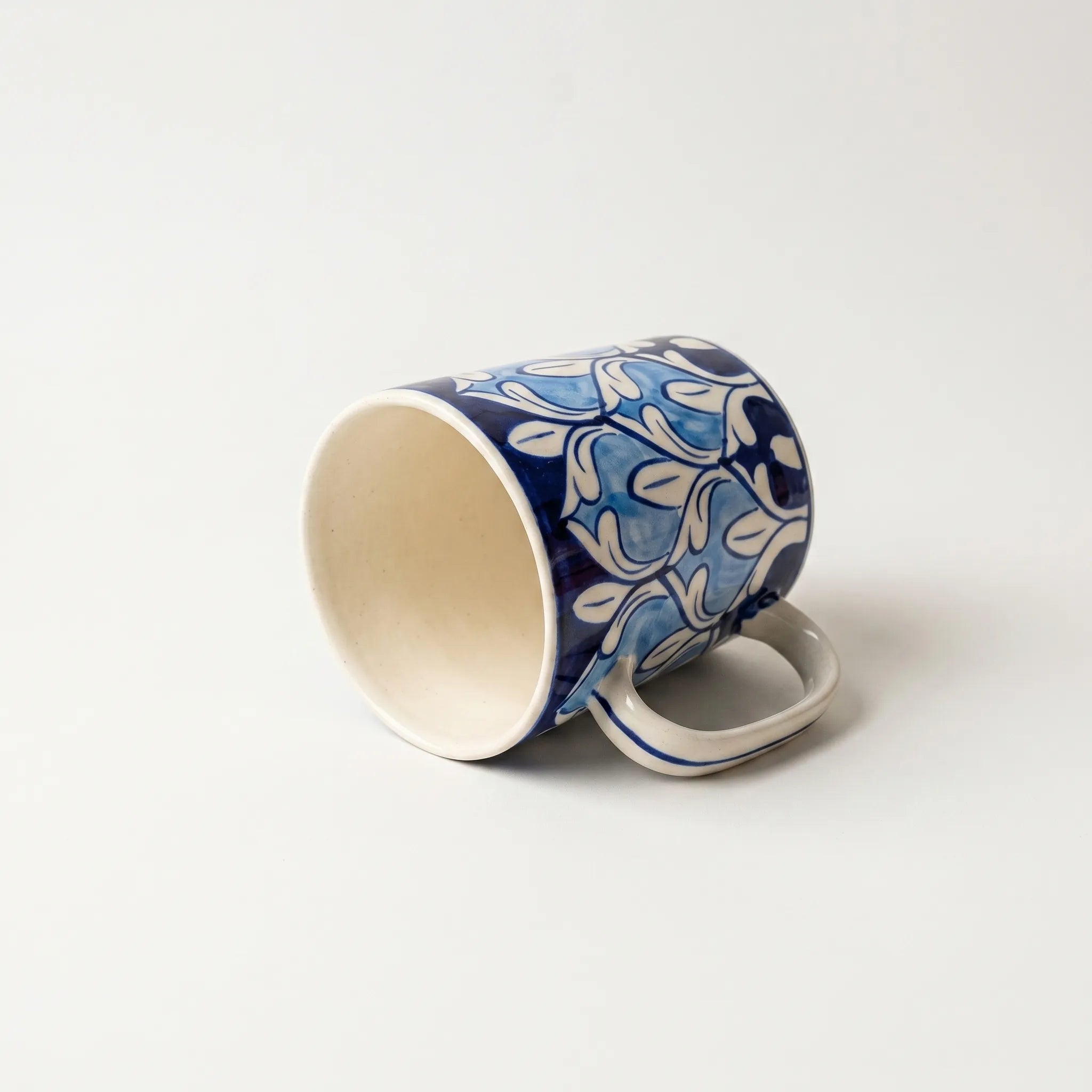 Blue Pottery Ceramic Mug – 4” Straight Mug with Repeating Arch Floral Design