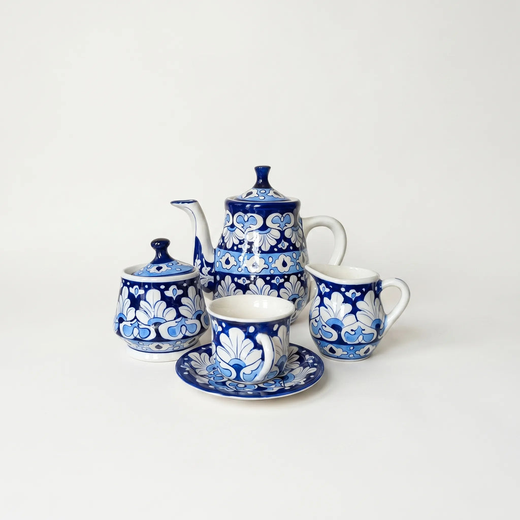 Blue Pottery Tea Set – 15-Piece Hand-Painted Ceramic Tea Set for 6