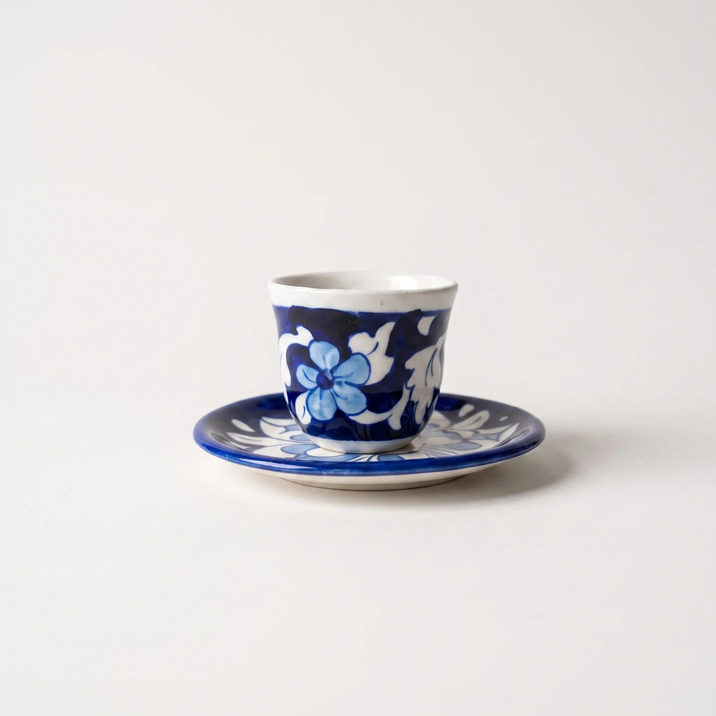 Azure Floral Blue Pottery Kehwa Cup & Saucer Set - Handleless, 6 Pieces