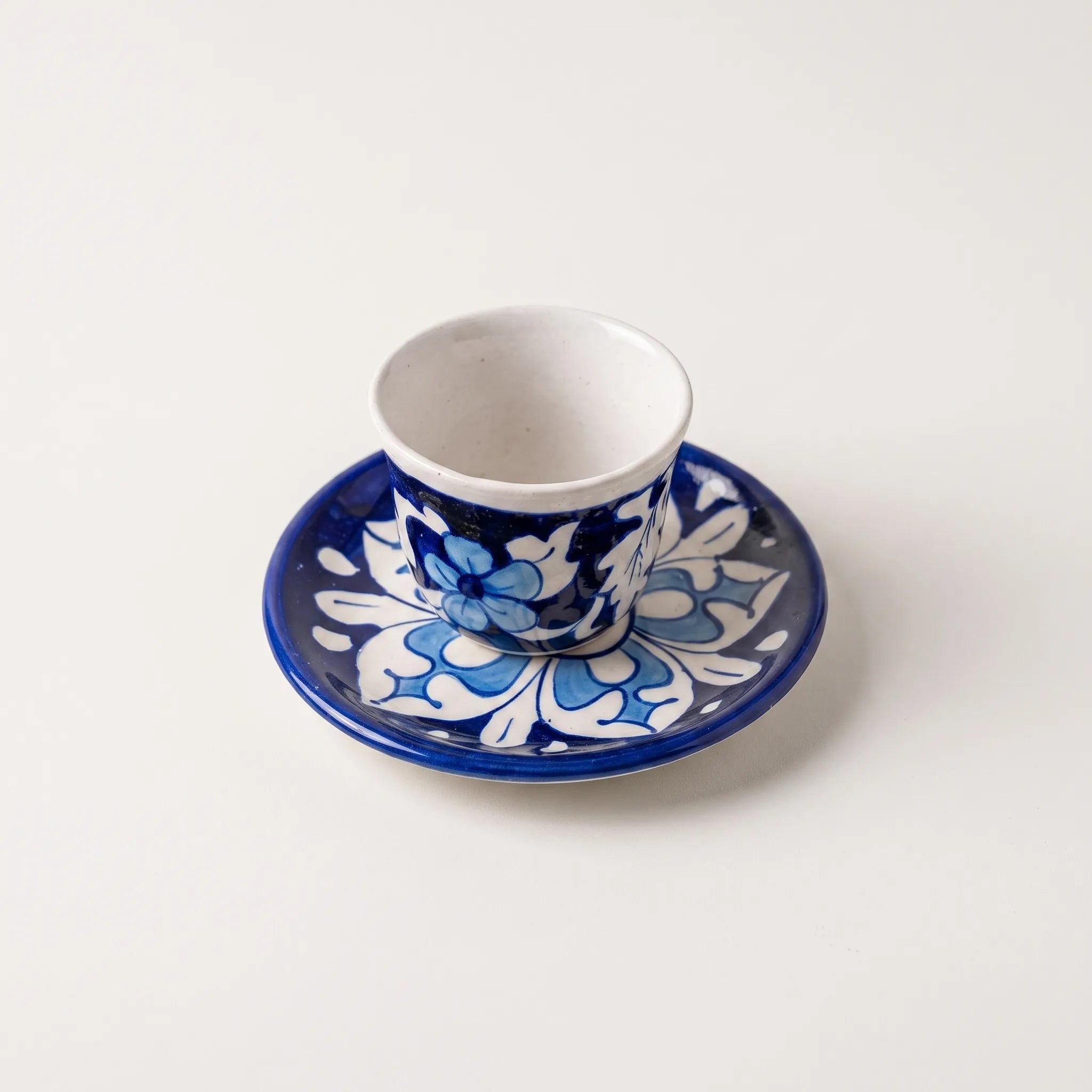 Azure Floral Blue Pottery Kehwa Cup & Saucer Set - Handleless, 6 Pieces