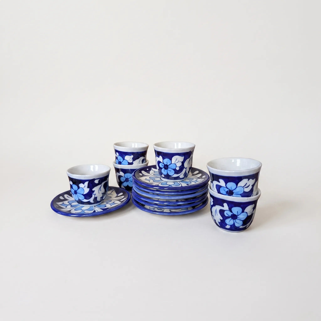 Azure Floral Blue Pottery Kehwa Cup & Saucer Set - Handleless, 6 Pieces
