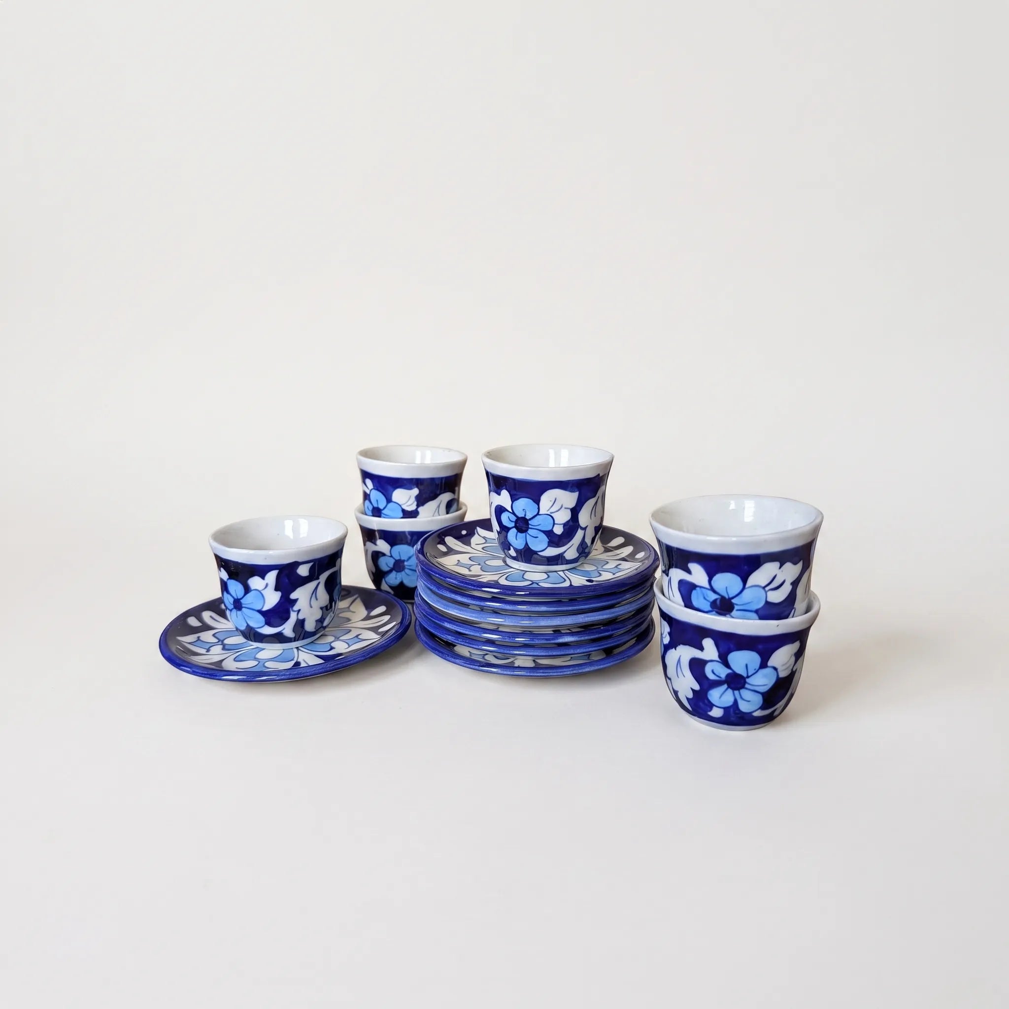 Azure Floral Blue Pottery Kehwa Cup & Saucer Set - Handleless, 6 Pieces