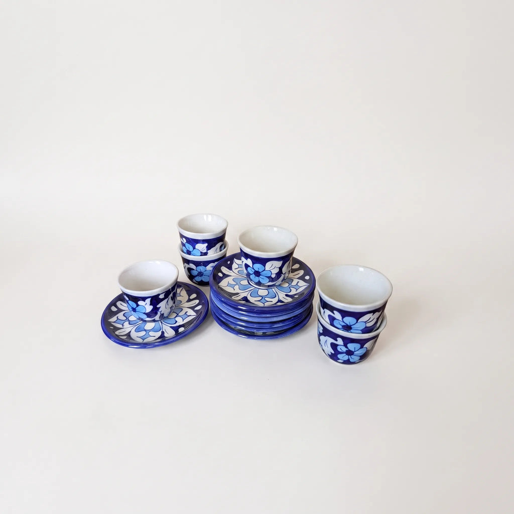 Azure Floral Blue Pottery Kehwa Cup & Saucer Set - Handleless, 6 Pieces