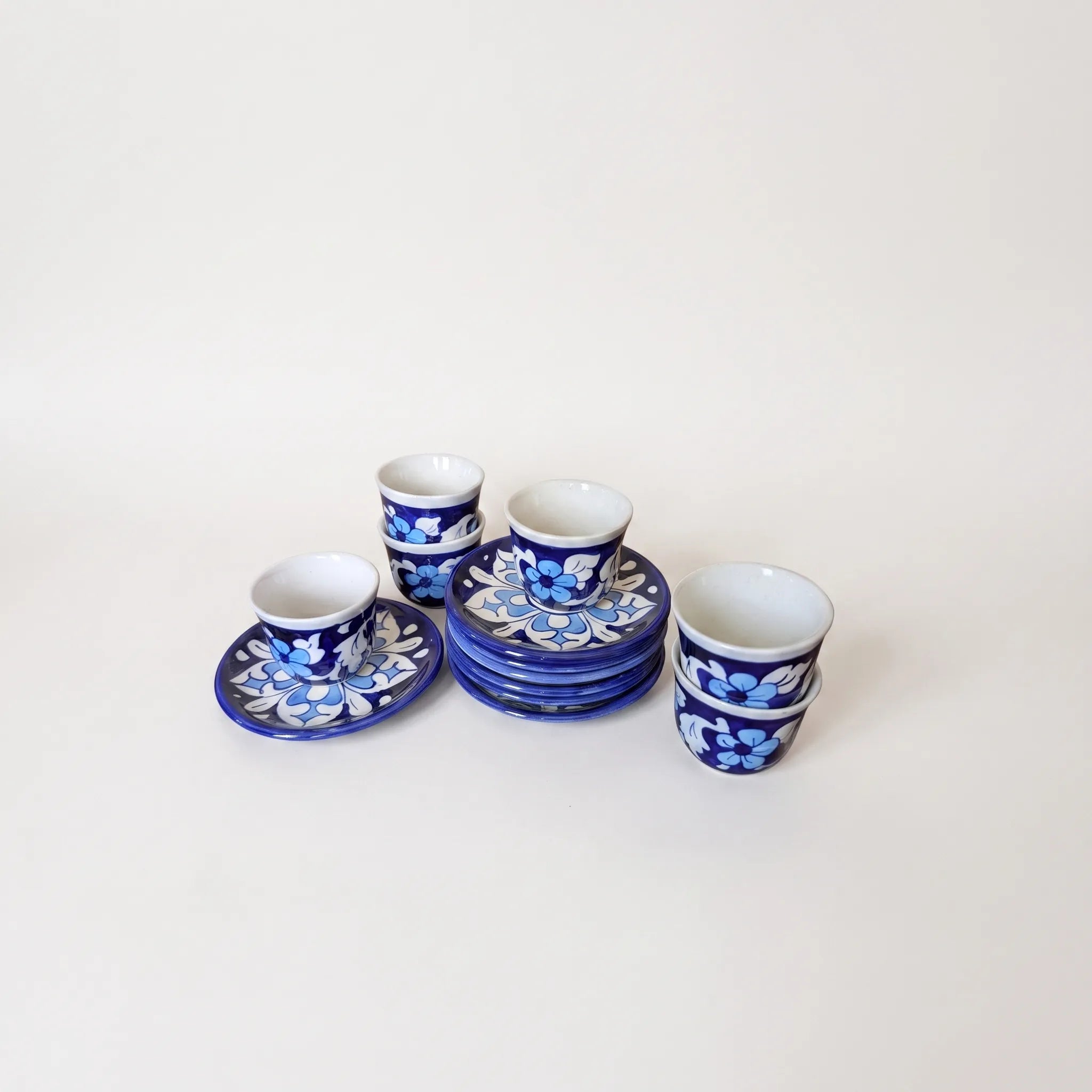 Azure Floral Blue Pottery Kehwa Cup & Saucer Set - Handleless, 6 Pieces