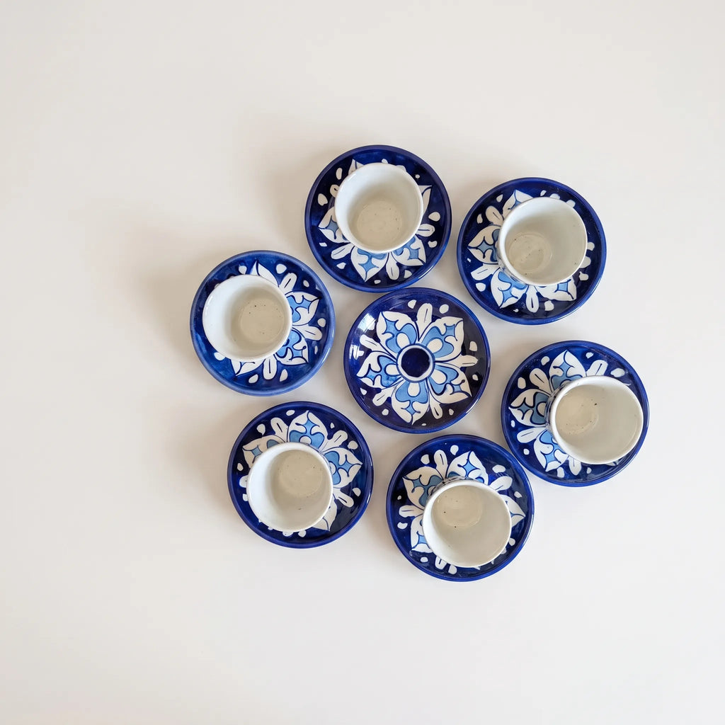 Azure Floral Blue Pottery Kehwa Cup & Saucer Set - Handleless, 6 Pieces