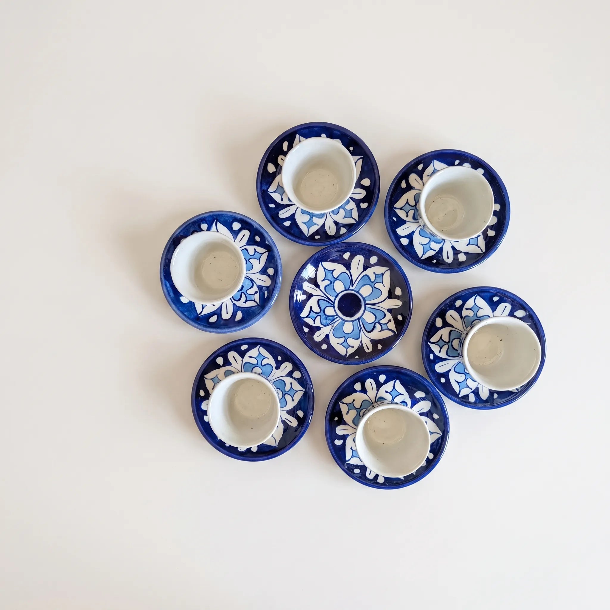 Azure Floral Blue Pottery Kehwa Cup & Saucer Set - Handleless, 6 Pieces
