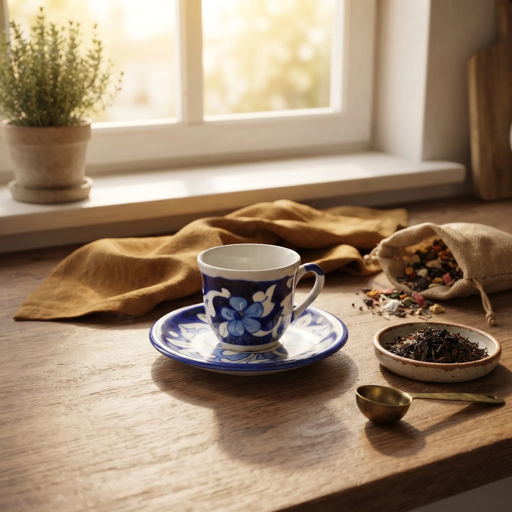 Azure Floral Blue Pottery Kehwa Cup & Saucer Set - Handleless, 6 Pieces