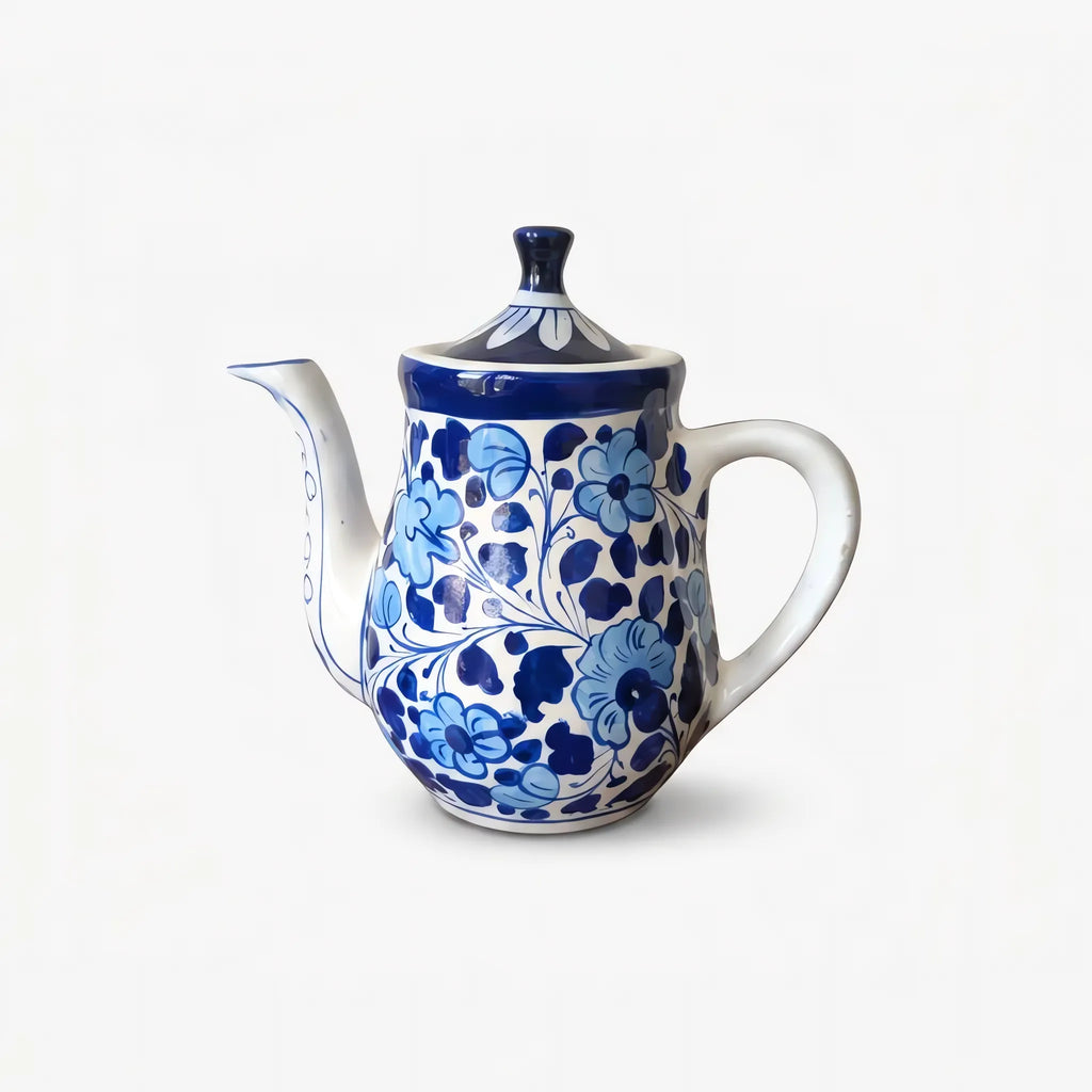 15-Piece Blue Pottery Tea Set - Hand-Painted Ceramic Tea Service for Six (Blue Blossom Design)