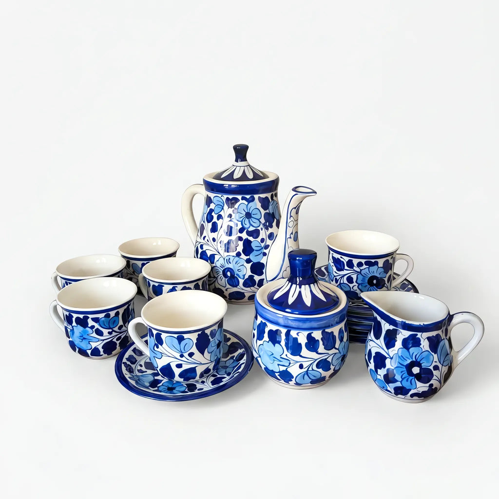 15-Piece Blue Pottery Tea Set - Hand-Painted Ceramic Tea Service for Six (Blue Blossom Design)