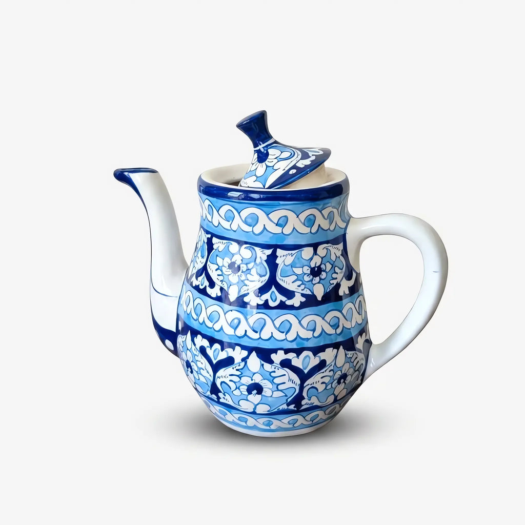 15-Piece Blue Pottery Tea Set - Hand-Painted Ceramic Tea Service for Six (Cobalt Lotus Panel Design)