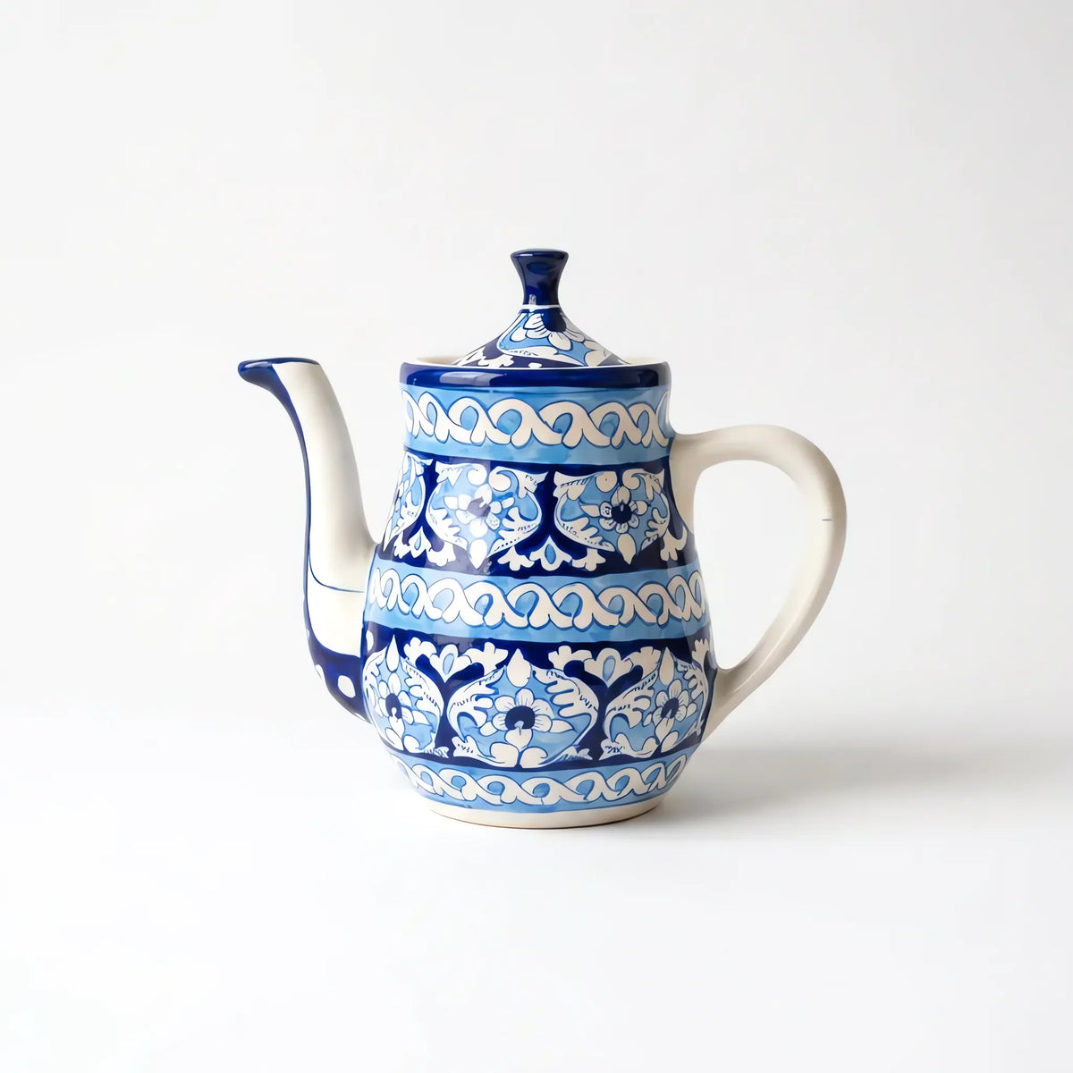 15-Piece Blue Pottery Tea Set - Hand-Painted Ceramic Tea Service for Six (Cobalt Lotus Panel Design)