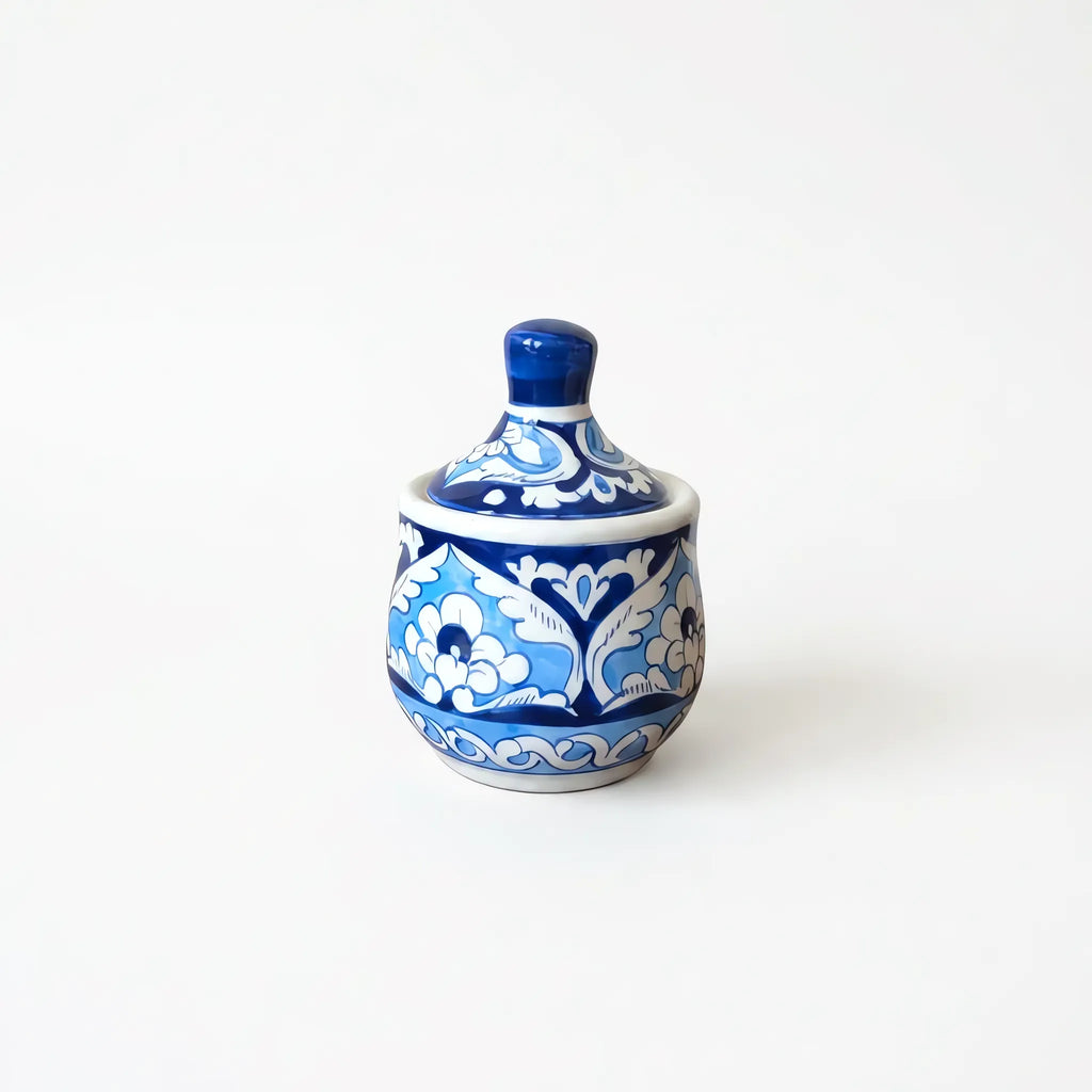 15-Piece Blue Pottery Tea Set - Hand-Painted Ceramic Tea Service for Six (Cobalt Lotus Panel Design)