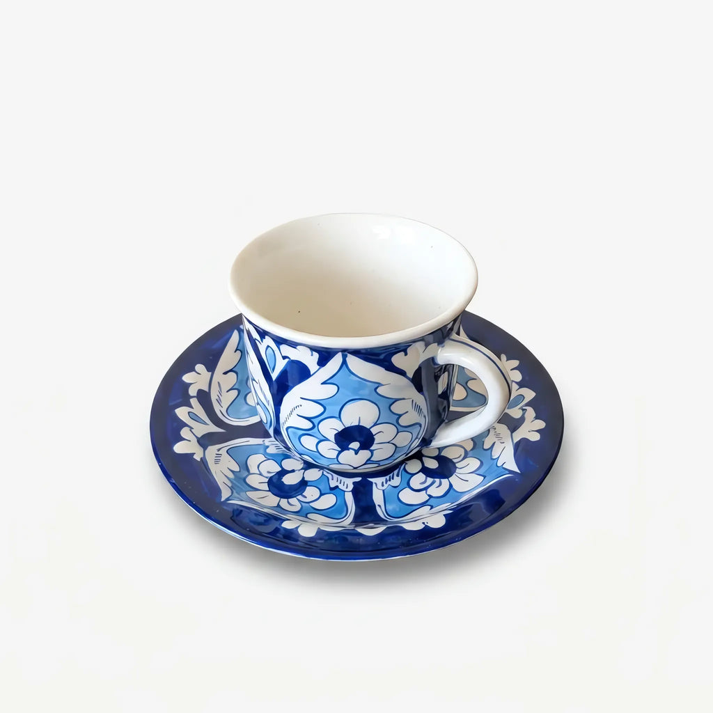 15-Piece Blue Pottery Tea Set - Hand-Painted Ceramic Tea Service for Six (Cobalt Lotus Panel Design)