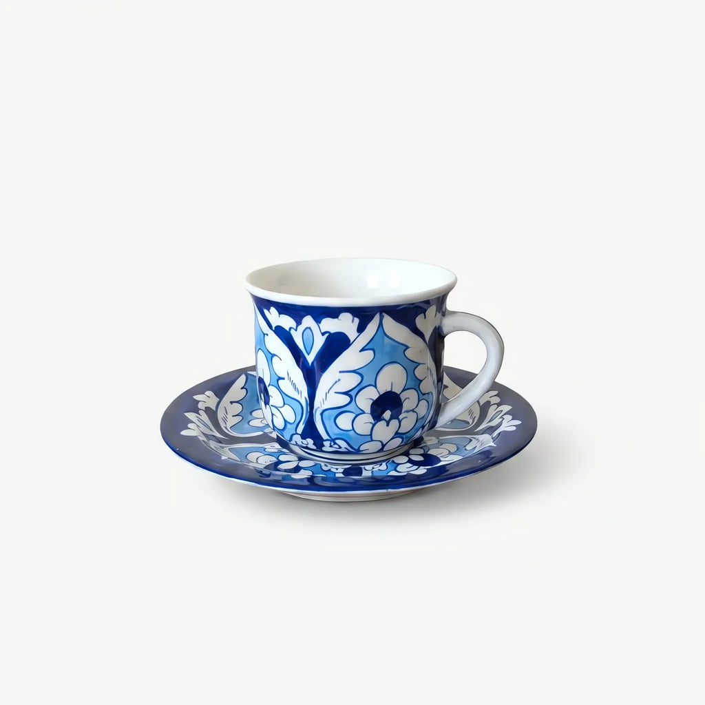 15-Piece Blue Pottery Tea Set - Hand-Painted Ceramic Tea Service for Six (Cobalt Lotus Panel Design)