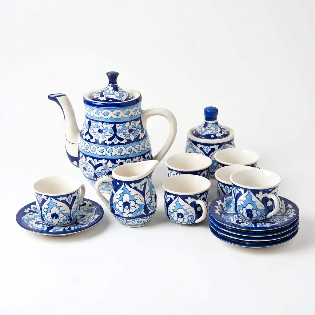 15-Piece Blue Pottery Tea Set - Hand-Painted Ceramic Tea Service for Six (Cobalt Lotus Panel Design)