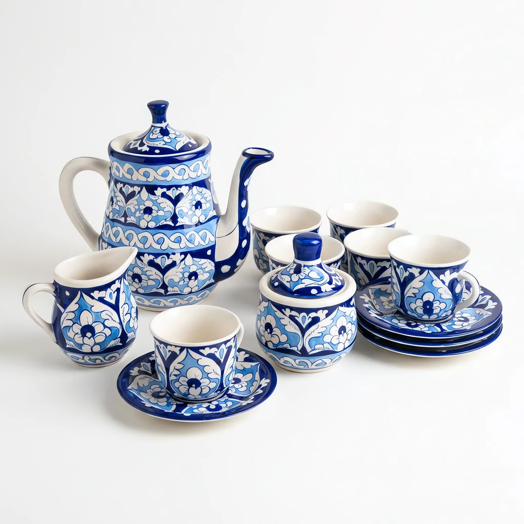 15-Piece Blue Pottery Tea Set - Hand-Painted Ceramic Tea Service for Six (Cobalt Lotus Panel Design)
