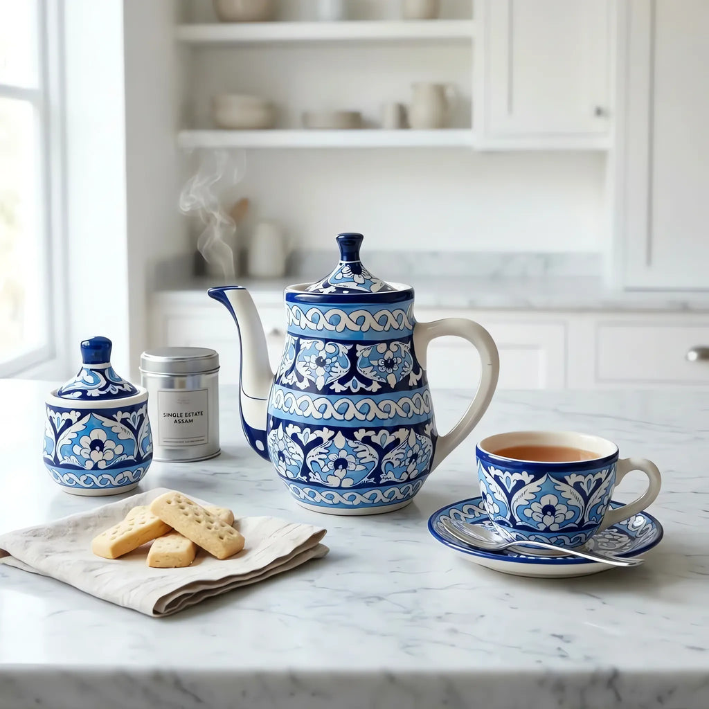 15-Piece Blue Pottery Tea Set - Hand-Painted Ceramic Tea Service for Six (Cobalt Lotus Panel Design)