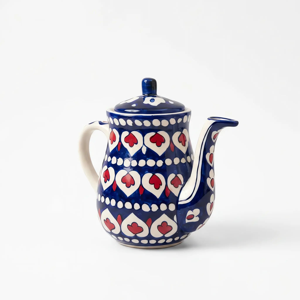 Blue Pottery Teapot - Hand-Painted Cobalt Ceramic Teapot with White Heart and Red Drop Design