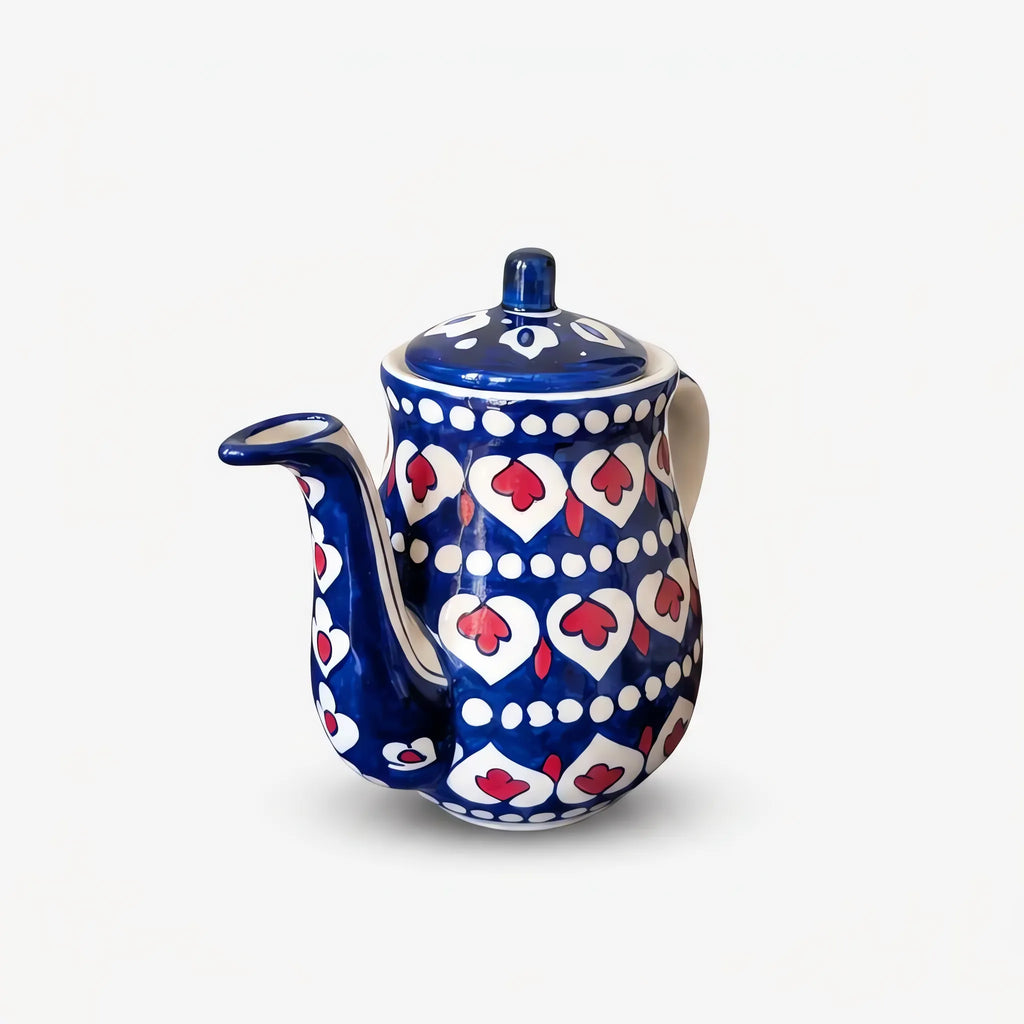 Blue Pottery Teapot - Hand-Painted Cobalt Ceramic Teapot with White Heart and Red Drop Design