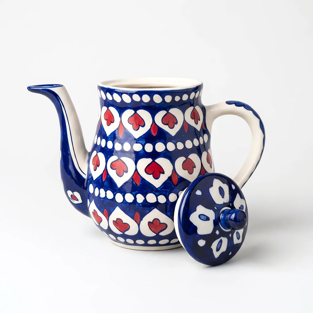 Blue Pottery Teapot - Hand-Painted Cobalt Ceramic Teapot with White Heart and Red Drop Design