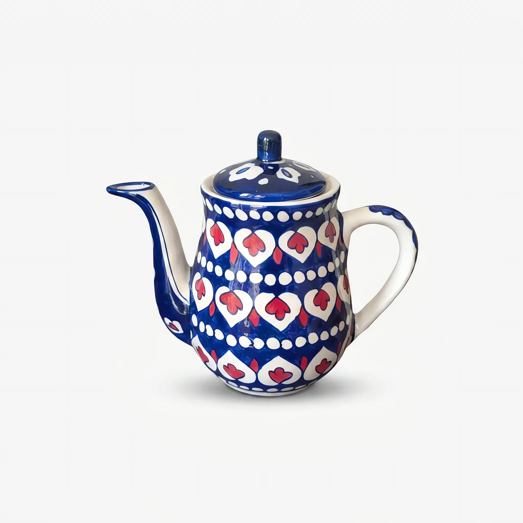 Blue Pottery Teapot - Hand-Painted Cobalt Ceramic Teapot with White Heart and Red Drop Design