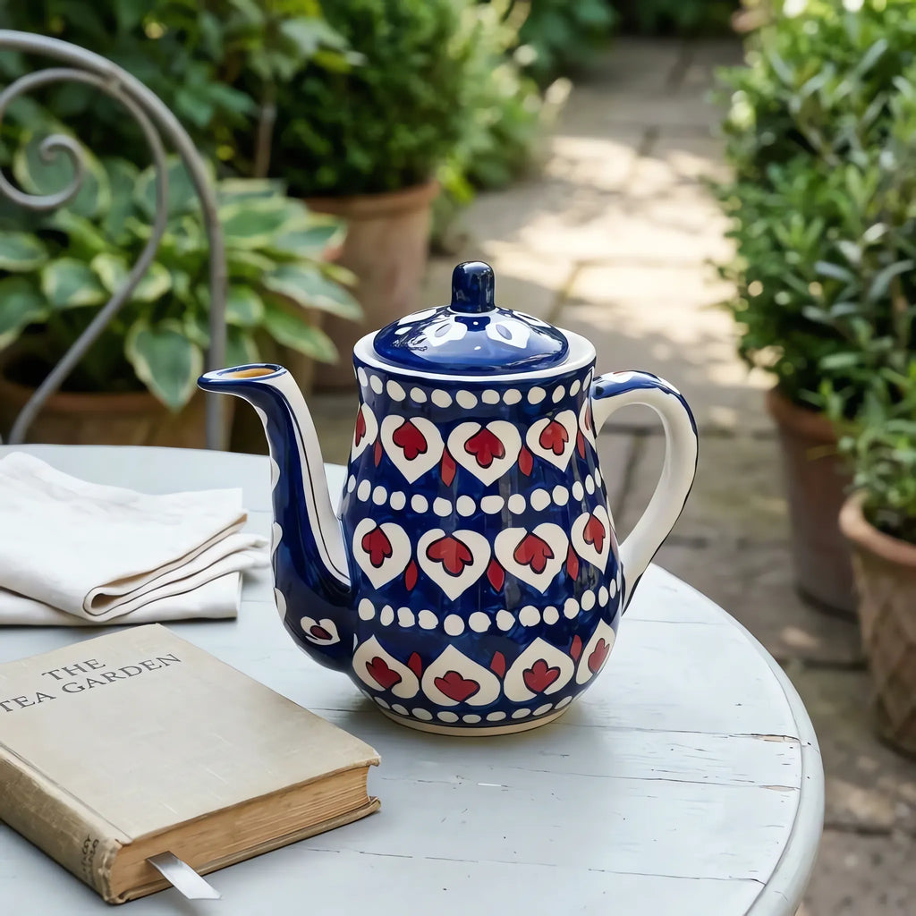 Blue Pottery Teapot - Hand-Painted Cobalt Ceramic Teapot with White Heart and Red Drop Design