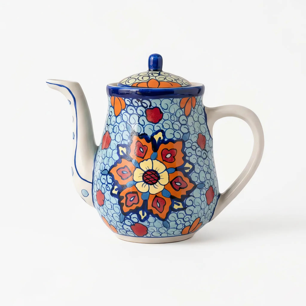 Blue Pottery Teapot - Hand-Painted Ceramic Teapot with Orange and Turquoise Floral Design