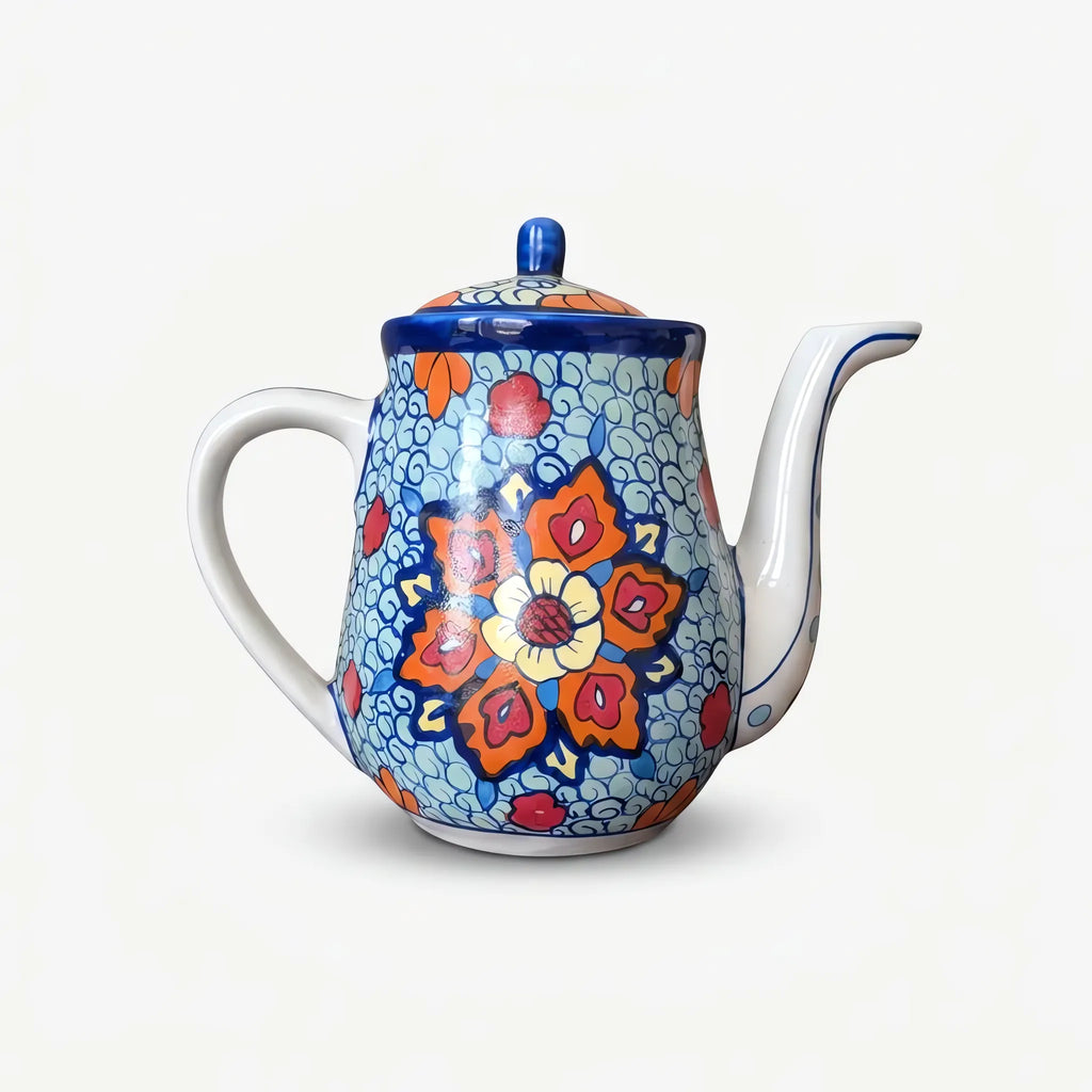 Blue Pottery Teapot - Hand-Painted Ceramic Teapot with Orange and Turquoise Floral Design