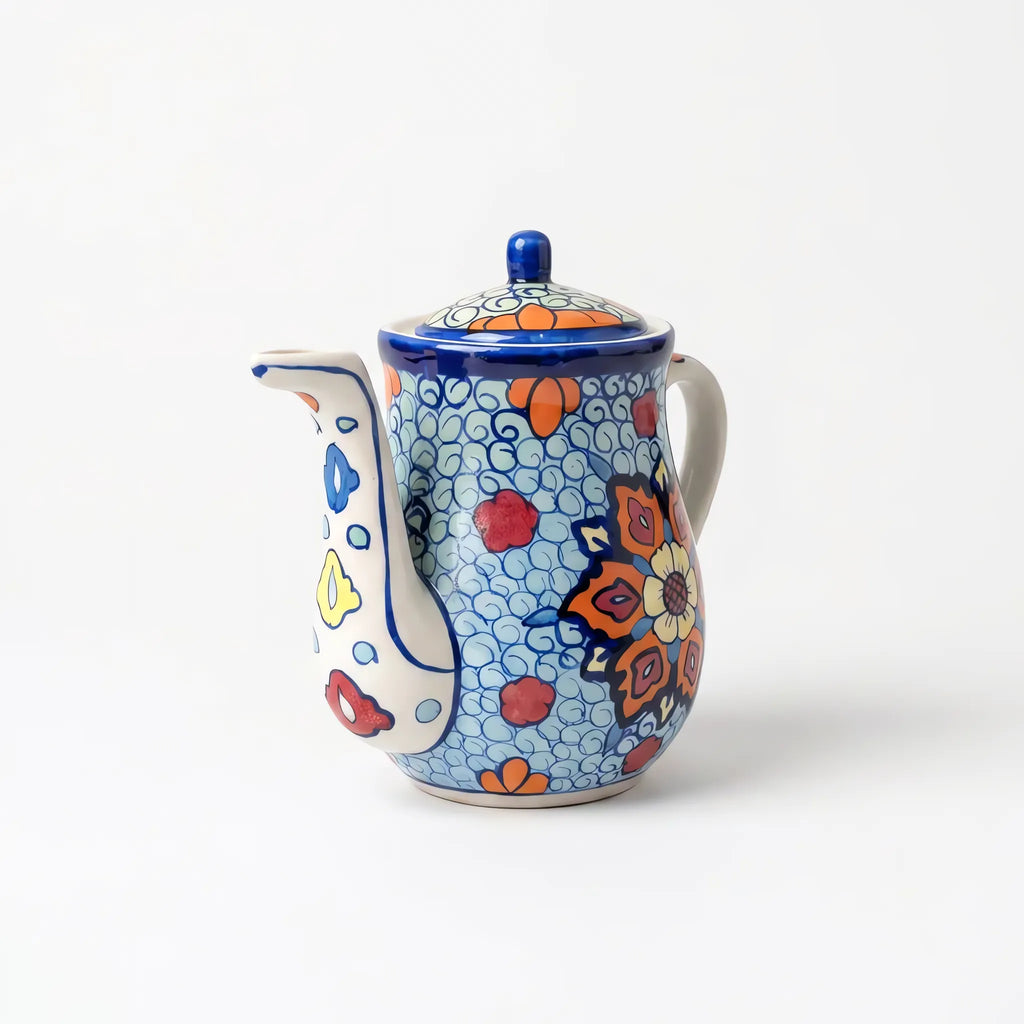 Blue Pottery Teapot - Hand-Painted Ceramic Teapot with Orange and Turquoise Floral Design