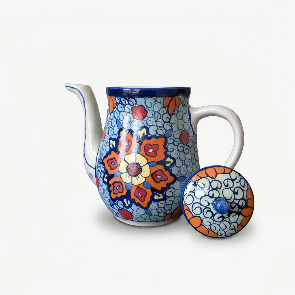 Blue Pottery Teapot - Hand-Painted Ceramic Teapot with Orange and Turquoise Floral Design