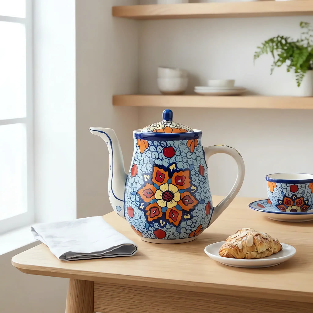 Blue Pottery Teapot - Hand-Painted Ceramic Teapot with Orange and Turquoise Floral Design